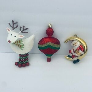 Christmas Holiday Ornaments Set Of 3 Reindeer Finial Shape Ornament Santa Moon